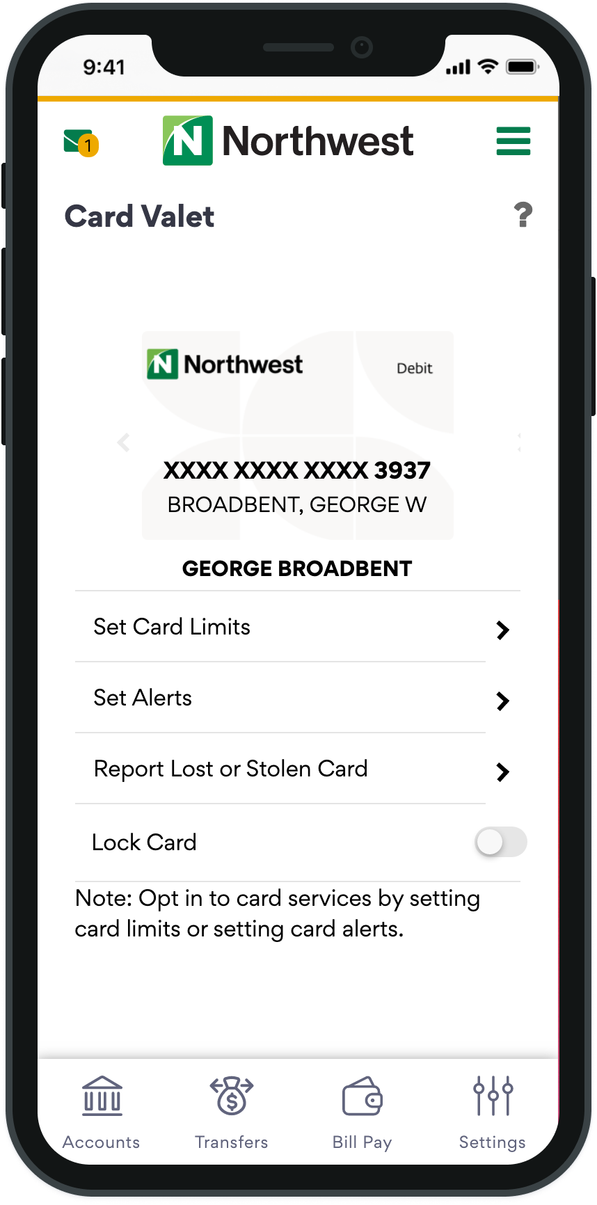 Northwest app screen: Card Valet
